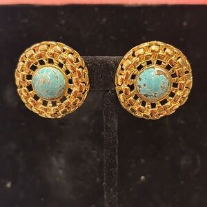 Vintage Genuine Turquoise Cabochon With Basketweave Border Earrings-Boutique